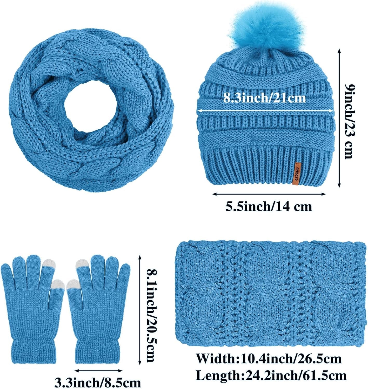 Cozy Women's Winter Set: Knitted Beanie with Fur Pompoms, Loop Scarf & Touch Screen Gloves