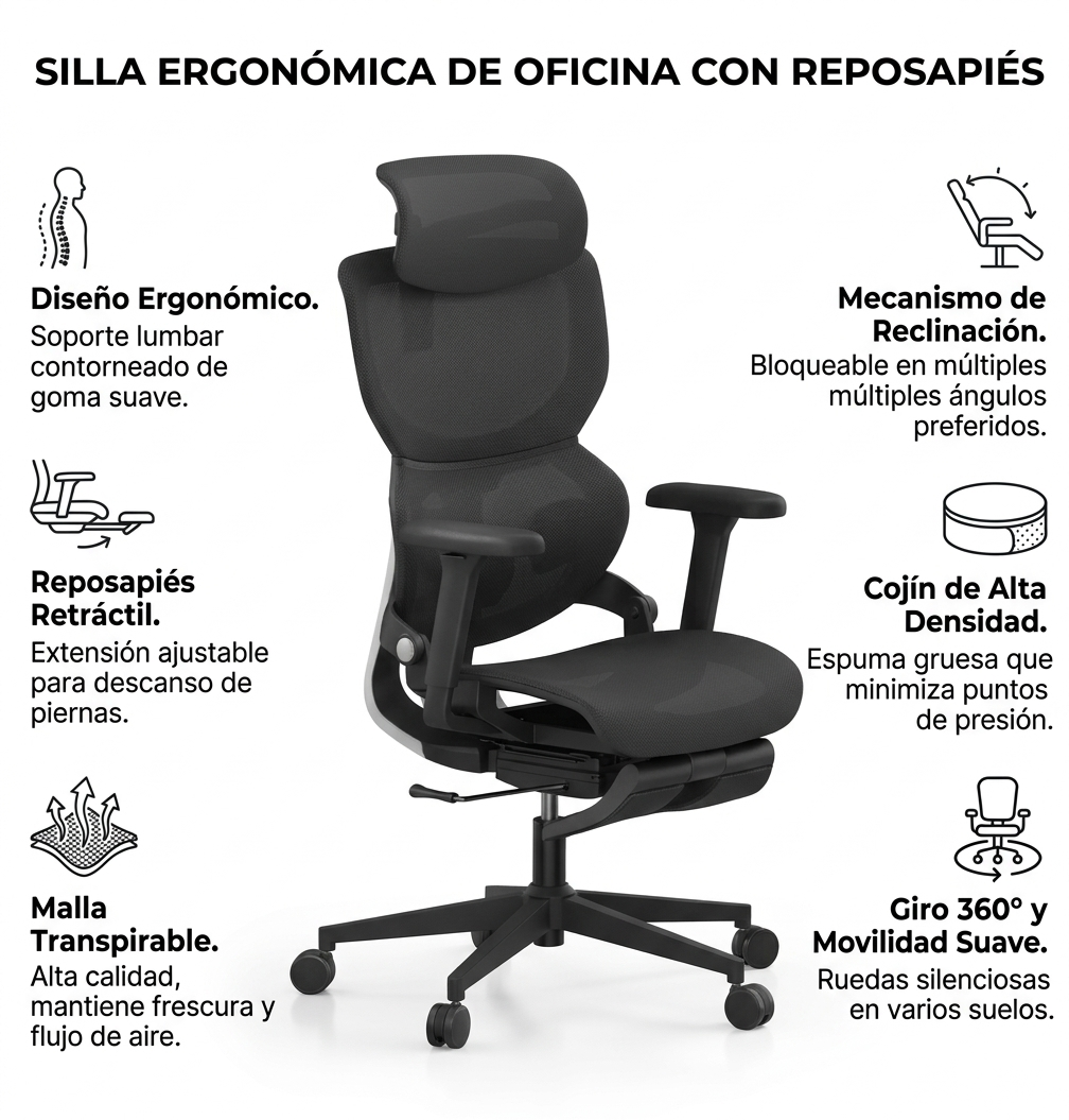 Máximo Confort: Silla Ergonómica con Descansa Pies y Respaldo Transpirable | Diseño para Cuidar tu Espalda en Largas Jornadas | Ajuste de Altura y Reclinación