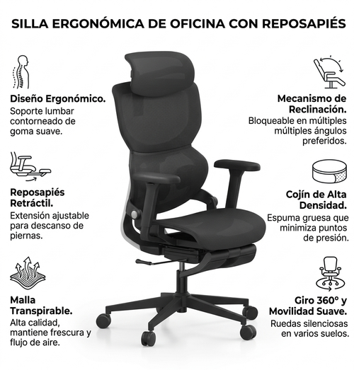 Máximo Confort: Silla Ergonómica con Descansa Pies y Respaldo Transpirable | Diseño para Cuidar tu Espalda en Largas Jornadas | Ajuste de Altura y Reclinación