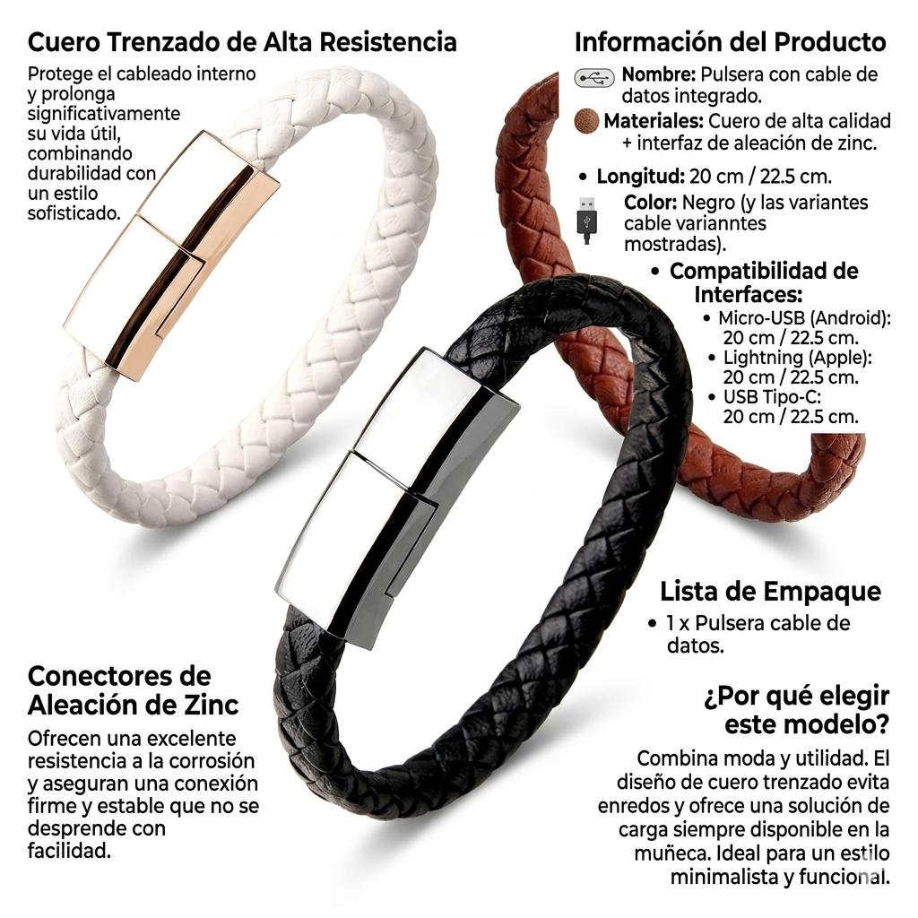 Brazalete Cargador 2 en 1: Cable de Carga Rápida y Datos Tipo C, Lightning y Micro USB | Pulsera Elegante de Piel para iPhone y Android