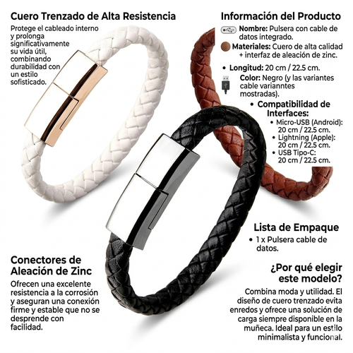 Brazalete Cargador 2 en 1: Cable de Carga Rápida y Datos Tipo C, Lightning y Micro USB | Pulsera Elegante de Piel para iPhone y Android