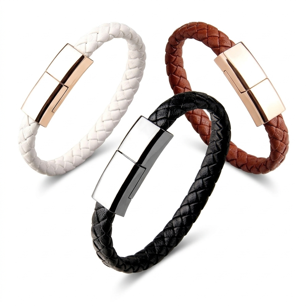 Brazalete Cargador 2 en 1: Cable de Carga Rápida y Datos Tipo C, Lightning y Micro USB | Pulsera Elegante de Piel para iPhone y Android